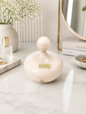 Vintage Spanish Alabaster Trinket Box Ball Lid Marble Stone Decor Barcelona